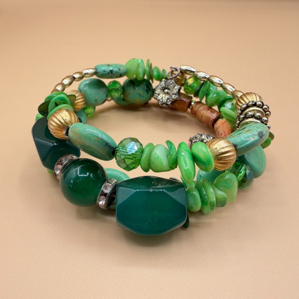 Green Multi Strand Beaded Stretch Bracelet Chunky Boho Statement Rhinestone Gift
